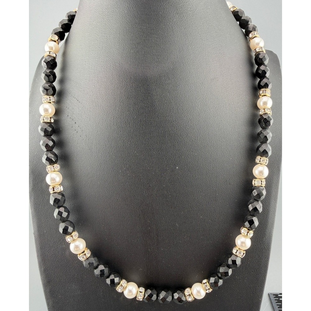 Vintage Hobe' Necklace Black Faceted Glass Faux Pearl Rhinestone Rondelles 19"